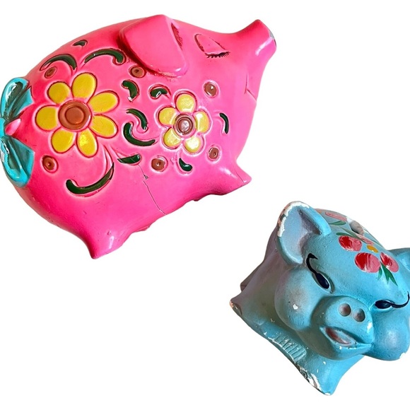 60s Piggy Banks Flower Power Decor Chalkware Coin Banks Funky Kitschy Kid’s Room - Picture 1 of 10